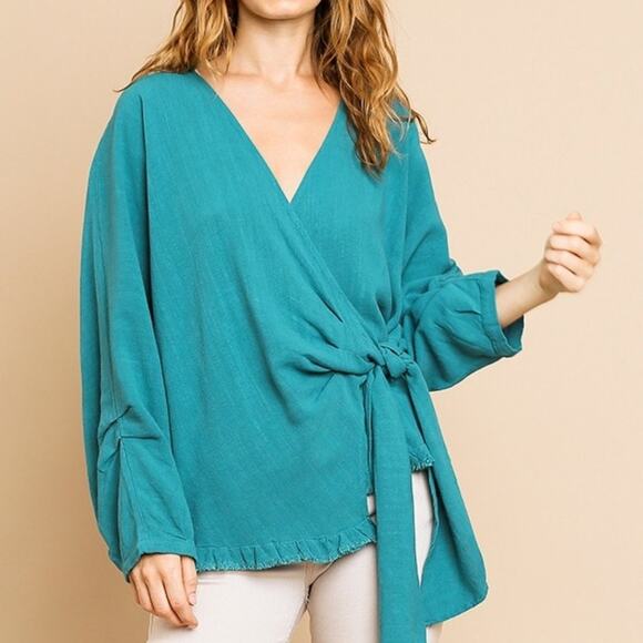 UMGEE Top Small NWT Linen Blend Long Sleeve V-Neck Wrap Waist Tie and Ruffle Hem - Picture 1 of 11